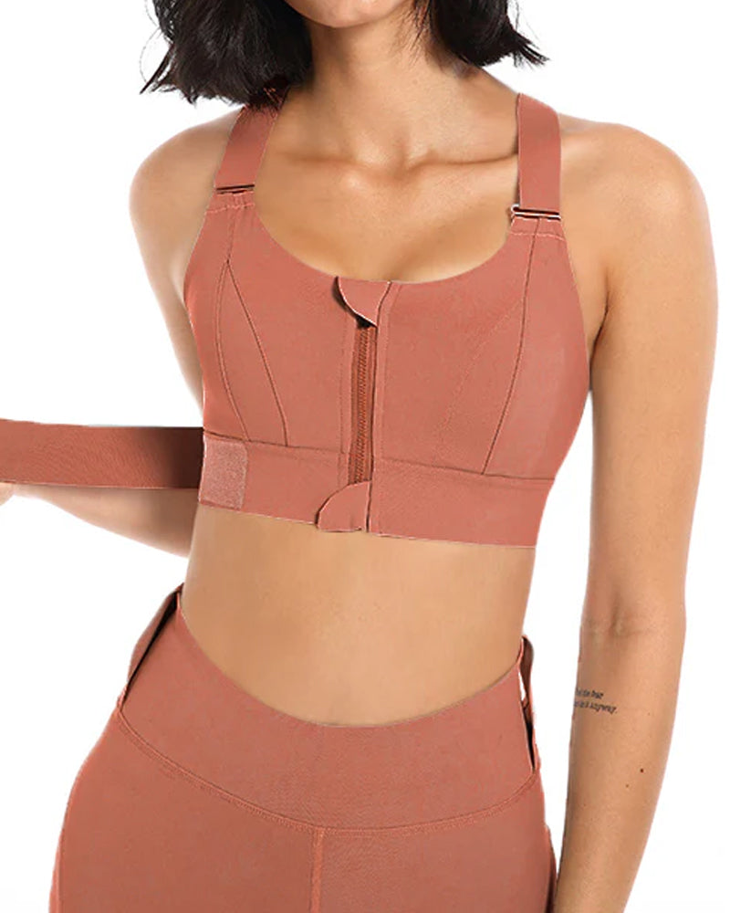 Women's Zipper Front High-Strength Support Adjustable Straps Cross Back Short Fitness Sports Bra