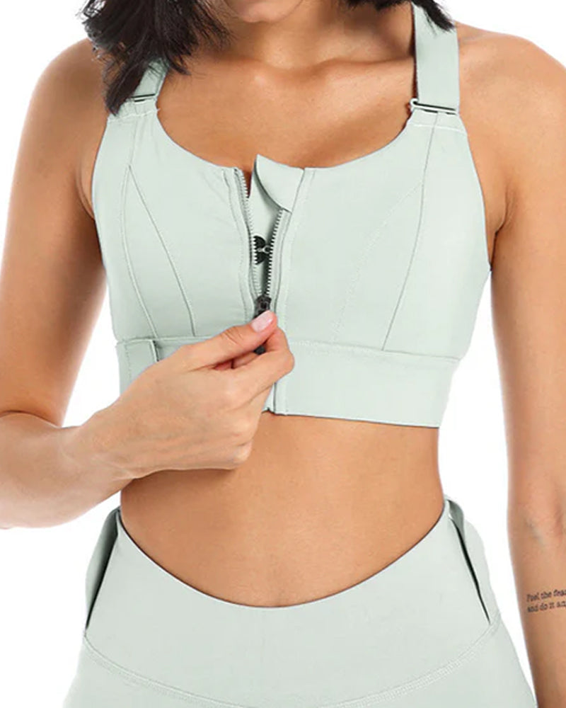 Women's Zipper Front High-Strength Support Adjustable Straps Cross Back Short Fitness Sports Bra